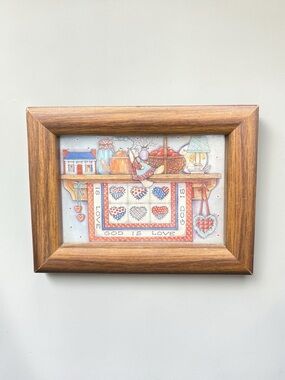 Vintage Small Framed Folk Art Print God is Love 4.5” x 6” Home & Heart Americana